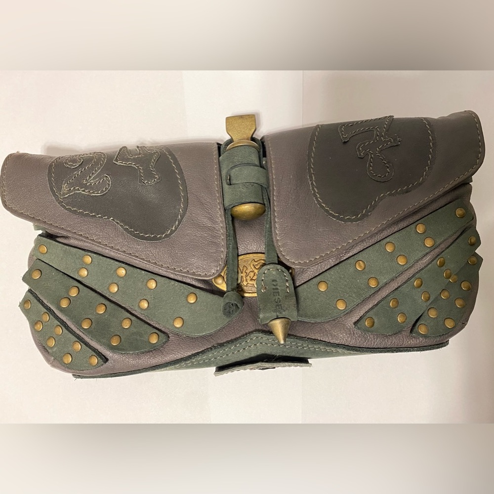 Diesel Baron Clutch Genuine Leather grey purple green Studs NWOT spike punk